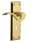 New York Plate Privacy With Keyhole Manor Lever In Unlacquered Brass, Complete One Door Set With Pre Mounted Levers For Easy Install, Solid Forged Brass Hardware, Available In Eight Finishes, 5 Year Mechanical And Finish Warranty