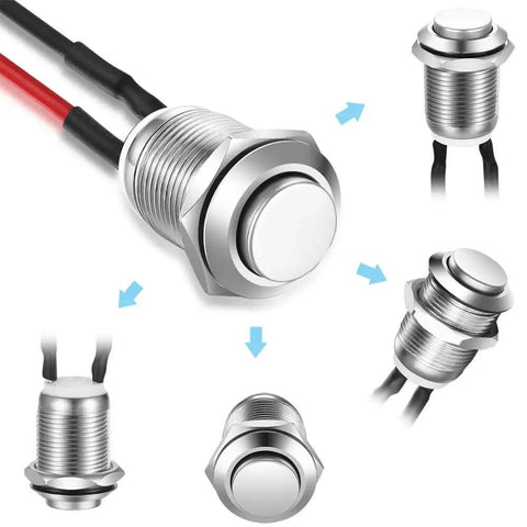 Three Pack 12mm Prewired High Head Waterproof Latching Push Button Switch Self Locking Stainless Steel On Off 2A 12V 24V 125V 250V AC image