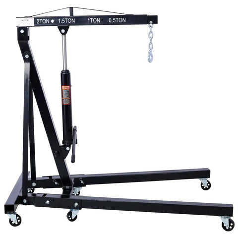 Heavy Duty 2 Ton Folding Engine Hoist Adjustable Shop Crane with black finish, chain and wheels for lifting heavy loads.