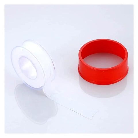 Premium Raw Thread Sealing White Teflon Tape With Pure Oil Free Formula For Tight Fitting Pipe Connections Extra long 50 Meters, displayed on a surface next to a red dispenser.