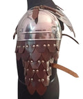 Rugged Mild Steel Shoulder Armor With Neck Gorget For Adults, Medieval Iron Pauldrons Set With Adjustable Leather Buckle Closure