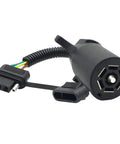 7 Way To 4 Pin Trailer Light Adapter Waterproof Wiring Harness For Trailers RVs And Boats Easy Plug And Play Install Compatible With Ford GM Chevy Dodge Ram Toyota No Fuss Wiring Solution showing side view of black connector and wires.