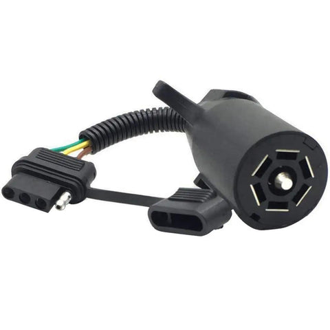 7 Way To 4 Pin Trailer Light Adapter Waterproof Wiring Harness For Trailers RVs And Boats Easy Plug And Play Install Compatible With Ford GM Chevy Dodge Ram Toyota No Fuss Wiring Solution showing side view of black connector and wires.