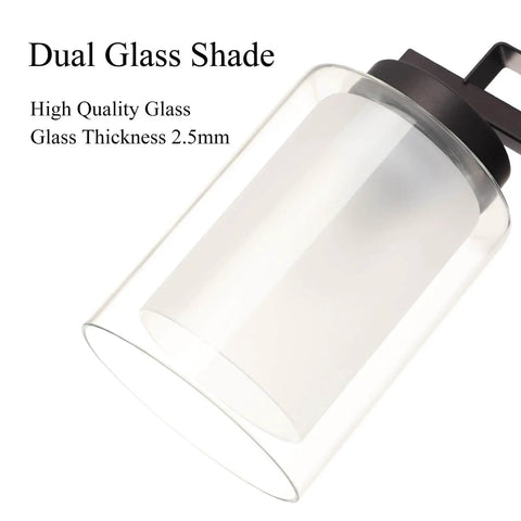Close-up of glass shade from Dope 3 Light Bathroom Vanity Light In Dark Bronze With Dual Glass Shades Hardwired Indoor Wall Mount Fixture Up Or Down Light Capability Modern Transitional Wall Sconce For Hallways Bedrooms And Bathrooms.
