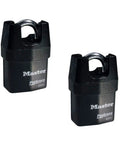 Two High Security Pro Series Padlocks With Four Keys Keyed Alike Laminated Steel Body Hardened Boron Shackle And Iron Shroud Five Pin Tumbler Beefy Lock Security, black laminated steel padlocks with shrouded shackles
