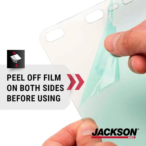 Peeling film from Maxview Premium Face Shield Replacement Window Uncoated Clear Tint for Models 14200 14201 14202 14203 ANSI Z87.1