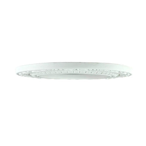 Side view of a white recessed light trim medallion, 10-inch OD, 6-inch ID, polyurethane, ornate design, pack of 10