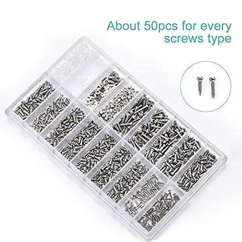 Premium Stainless Steel Glasses Screws Repair Kit With Micro Nuts Washers Hardware Set For Spectacles Watches And Gadgets 1000 Piece Collection organized in a clear container.