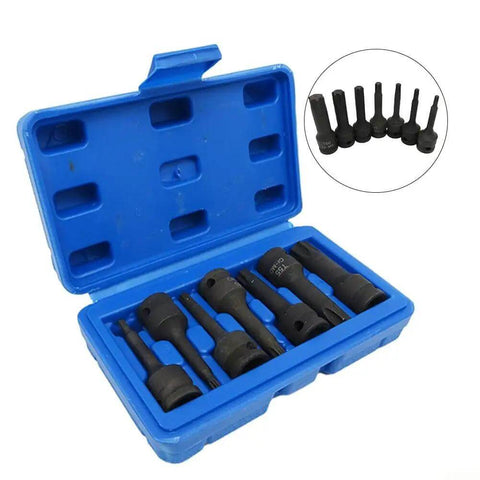 Essential 7-Piece Star Bit Socket Set With 3/8 Drive Includes T20 Through T60 For Tough Auto Repair Jobs And Home Mechanics Looking To Rock A Reliable Tools Kit. black oxide star bits in blue case