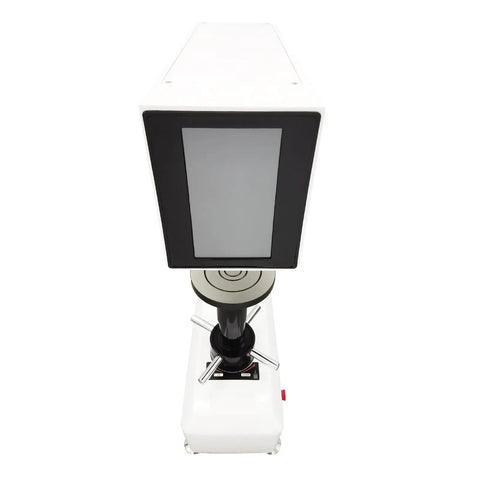 Badass Desktop Digital Rockwell Hardness Tester Featuring Slick Touch Screen And Microcomputer Control For Bullseye Accuracy On Raw Alloy Surfaces Hrts 150, top view showing large touchscreen and sturdy base.
