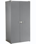 Badass Heavy Duty Deep Door Bin Cabinet Packed With 144 Blue Plastic Sorting Bins For Garage Workspaces Featuring Bulletproof Lock Hasp and Smooth Swing Louvered Panels, gray color.