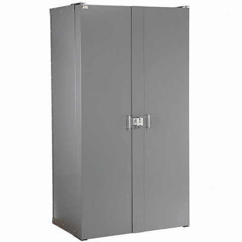 Badass Heavy Duty Deep Door Bin Cabinet Packed With 144 Blue Plastic Sorting Bins For Garage Workspaces Featuring Bulletproof Lock Hasp and Smooth Swing Louvered Panels, gray color.