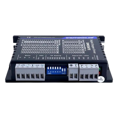 Front view of TE Series Digital Stepper Driver 1.8-5.6A 24-50VDC for Nema motors, showing connection ports and control switches.