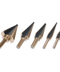 Rock Solid 5 Piece High Speed Steel Step Drill Bit Set With Round Shank For Carbon Steel Iron Aluminum PVC And Wood Featuring Double Groove Design Smooth Boring Tool Kit Heavy Duty Twist Drills That Make Quick Work Of Any Project. five step drill bits
