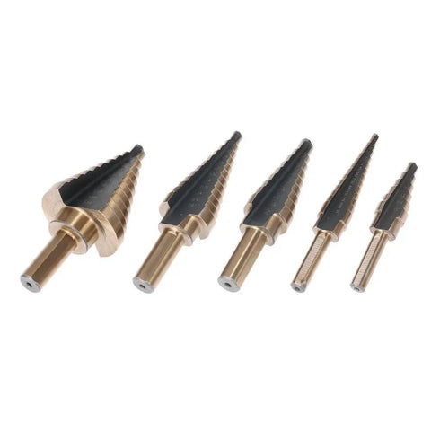 Rock Solid 5 Piece High Speed Steel Step Drill Bit Set With Round Shank For Carbon Steel Iron Aluminum PVC And Wood Featuring Double Groove Design Smooth Boring Tool Kit Heavy Duty Twist Drills That Make Quick Work Of Any Project. five step drill bits