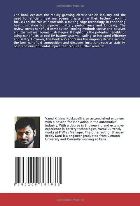Back cover of No Sweat High Performance Electric Vehicle Battery Cooling Using Advanced Nanofluids, includes author info and barcode.