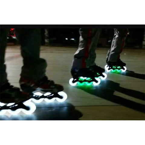 Skaters using Dope Light Up Inline Skate Wheels 4 Pack in 62mm 64mm 68mm 70mm 72mm 76mm 80mm Sizes Glowing 90A High Rebound PU with ABEC 9 Bearings