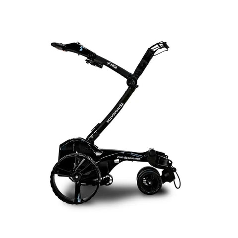 All Terrain Remote Controlled Electric Golf Caddy With Quick Zip Fold Setup featured at an angle, compact black design with large wheels.