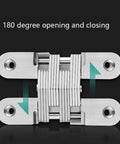 Hidden Cross Door Hinges 2 Pack Zinc Alloy 180 Degree Invisible Folding Hinges 60mm shown from the front view