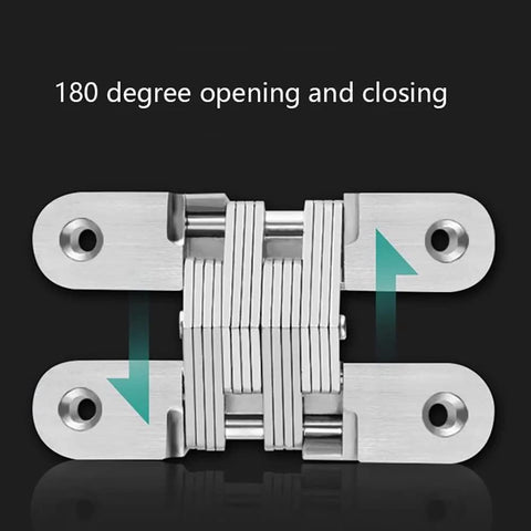 Hidden Cross Door Hinges 2 Pack Zinc Alloy 180 Degree Invisible Folding Hinges 60mm shown from the front view