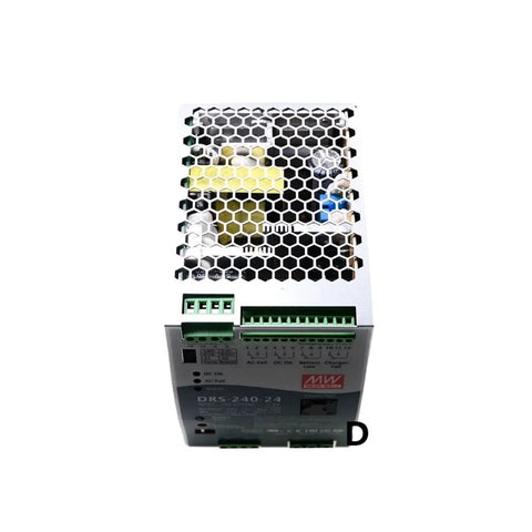 240W 24V 7.7A Switching Power Supply for DIN Rail UPS and Security Alarm Systems With MODBUS Built In High Efficiency 92 Percent AC DC Converter Battery Charging and Status Monitoring TS 35 Mounting, metal DIN rail unit front view