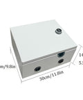 Angled front view of white steel waterproof wall-mounted electrical enclosure box, 30x25x14 cm, with lock.