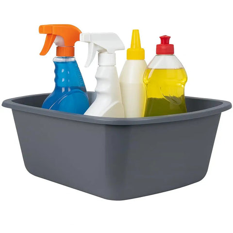 Rectangular Plastic Wash Basin Set 7 Qt Small Portable Bedside Soaking Tub Pack Of 2 with cleaning bottles inside