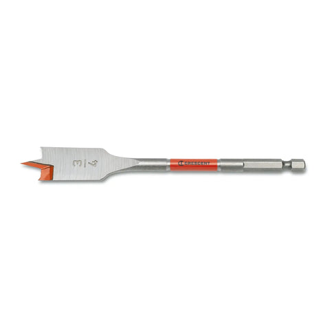 Flat Spade Drill Bit 6 Inch By 3/4 Inch With 1/4 Inch Quick Release Hex Shank, silver and orange reinforced tip, side view