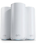 Orbi 770 Series Tri Band WiFi 7 Mesh Network System with router and two satellite extenders, white design