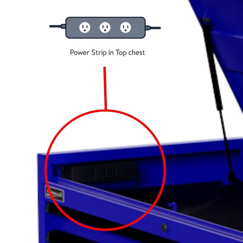 Power strip located in the top chest of the Real Deal 54 X 24 X 72 Inch Steel Rolling Tool Chest Hutch Combo Cabinet.