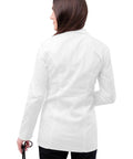 Back view of Universal Stretch Lab Coat For Women, 28 Inch Tab Waist Medical Coat, White, Size M, worn by a woman holding a stethoscope