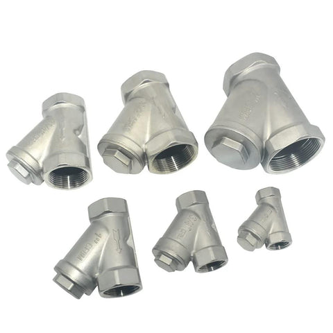 Set of seven stainless steel 1-inch WYE strainers with female NPT ends for piping filtration