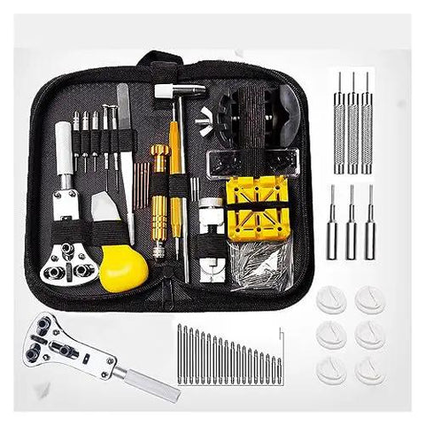 Dead Simple Watch Repair Tool Kit Featuring Legit Link Pin Remover And Strap Replacement Essentials for DIY bracelet adjustments in a black zippered case.