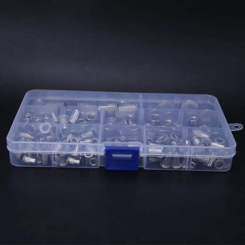 165 Pcs Rivet Nut Kit Stainless Steel 304 Pull Rivet Nuts For Auto, Metalworking, And DIY Repairs Heavy Duty High Load Capacity Surface Friendly Easy Install, Pro Grade Versatile Set For Projects. clear organizer box with assorted stainless steel rivet nuts