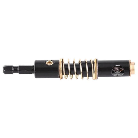Side view of 5mm center drill bit with brass spring and 1/4-inch hex shank for self-centering hinge holes