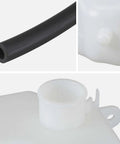 Premium Aftermarket Coolant Reservoir Expansion Tank With Cap showing HDPE material, hose connector, and tank opening detail.