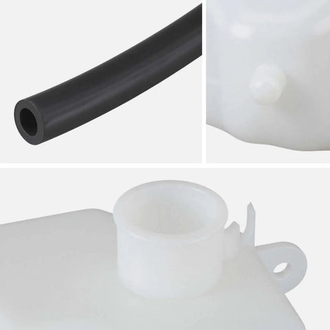 Premium Aftermarket Coolant Reservoir Expansion Tank With Cap showing HDPE material, hose connector, and tank opening detail.