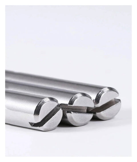 Close-up of Stainless Steel Dowel Pin Set 304 Slotted Outside Thread Solid Cylindrical Locator Pins for M2 to M10 sizes, 6mm length.
