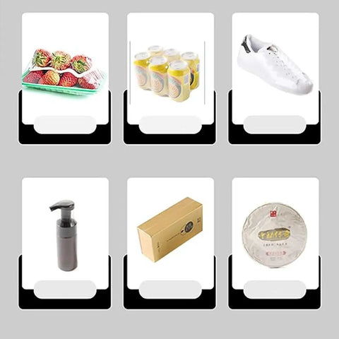 Upgrade your packaging game with this pro shrink wrapping machine packaging various items like fruits, beverages, shoes, and more.