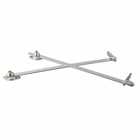 Nickel Plated Cabinet Lid Support Hinges 12 Inch 2 Pack with thickened connectors for cabinets, made from iron and zinc alloy, side view.
