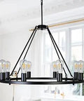 Rustic Wagon Wheel Chandelier Hanging Light Fixture Industrial Vintage Round Metal Chandelier With 8 Lights displayed indoors