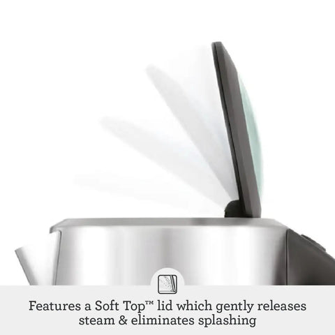 Side view of Soft Top Pure Hot Water Kettle With Easy Pour showing push button lid, brushed stainless steel, and dual water windows.