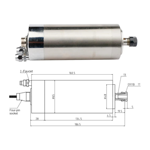 Heavy Duty 800W Water Cooled CNC Spindle Motor Straight Shot Performance For Router Milling with ER11B chuck and four-pin socket.