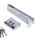 Eight Hole Brake Pedal Lock Tough As Nails Stainless Steel Auto Clutch Vehicle Security Lock with keys and lock components.