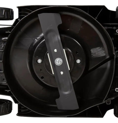Top view of Smooth Operator 18V Li Ion Cordless Lawn Mower With 330mm Two Tooth Mulching Head, showing cutting blade design.