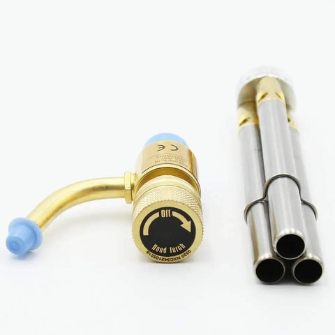 Close-up of detached components of Triple Head MAPP Torch With Metal Body, 360 Degree Swivel Flame, Triple Tube Design, Blue Finish