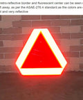 Slow Moving Vehicle Sign For Golf Carts And Farm Vehicles, 14 Inch By 16 Inch Aluminum Diamond Grade Reflective Safety Triangle, red border, displayed against a wall.