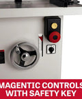 Magnetic controls with safety key on Shop Ready 5 HP Spindle Shaper With 230V Single Phase Motor Featuring Four Killer Speed Settings And A Sweet Cast Iron Worktable Plus Rock Solid Aluminum Fence Setup.