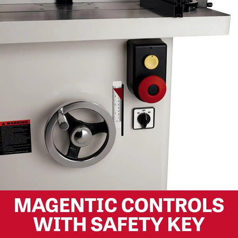 Magnetic controls with safety key on Shop Ready 5 HP Spindle Shaper With 230V Single Phase Motor Featuring Four Killer Speed Settings And A Sweet Cast Iron Worktable Plus Rock Solid Aluminum Fence Setup.