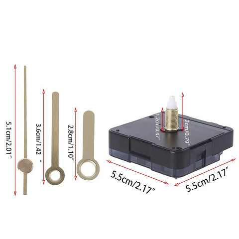 Battery Operated Quartz Wall Clock Movement Kit With Hands Replacement shown with 2.17 x 2.17 inch movement and hands